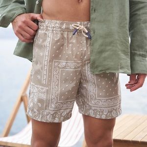 NWT Manebi Men’s Printed Bandana Patchwork Swim Shorts in Beige and White